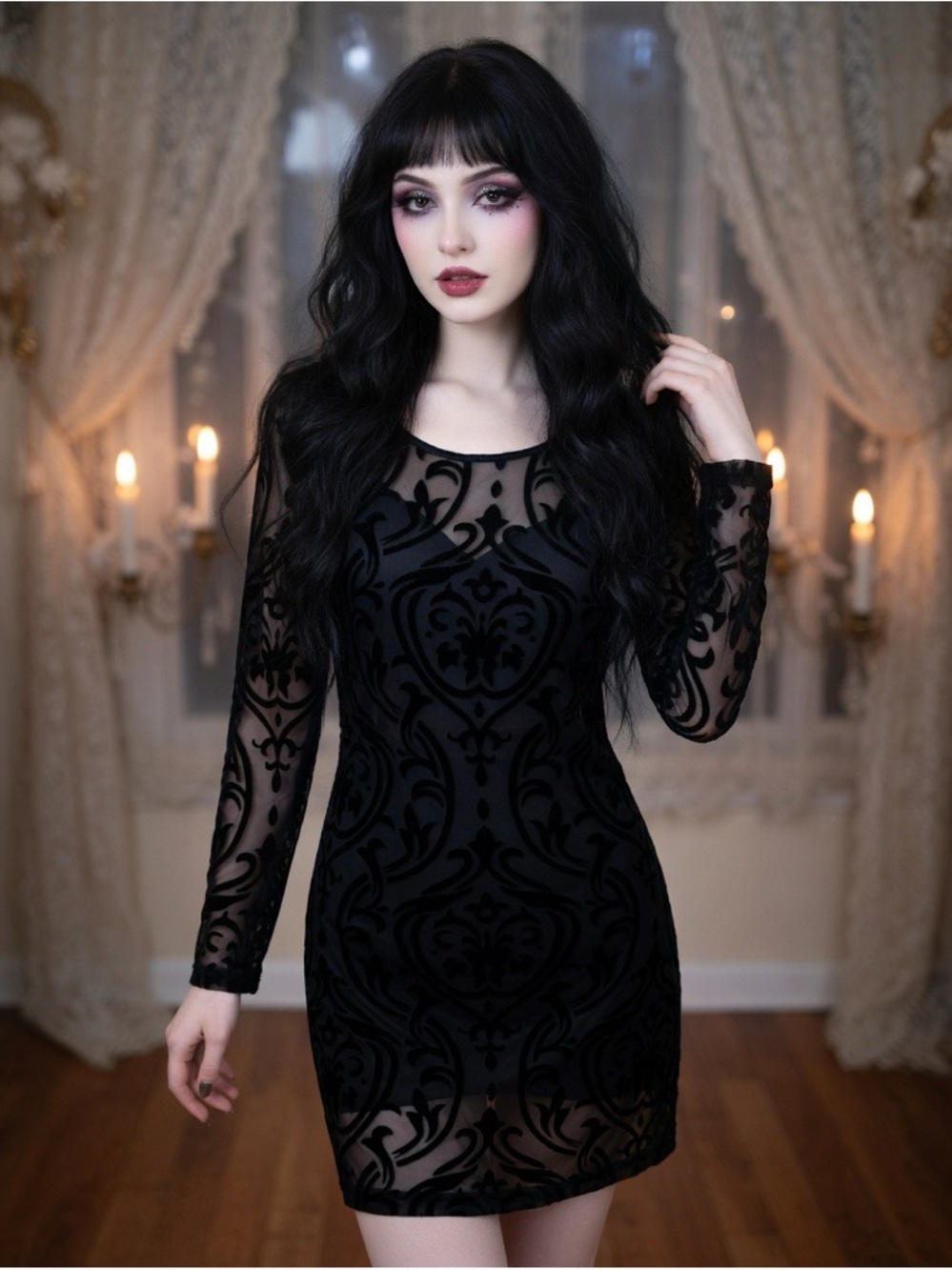 Whimsigoth Sheer Black Mesh Velvet Burnout Mini Dress Dark Romantic Witchy Club